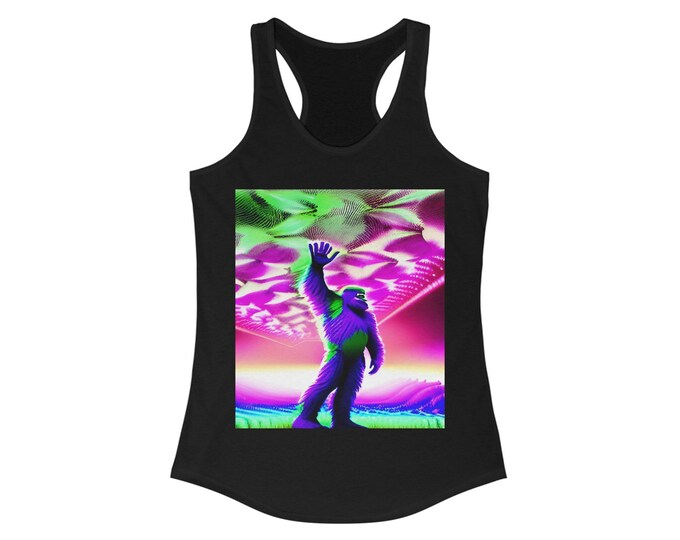 Bigfoot Really Picks Up! Ideal Racerback Sky Print, Black Light Tank,Slim Fit Top, Combed Cotton
