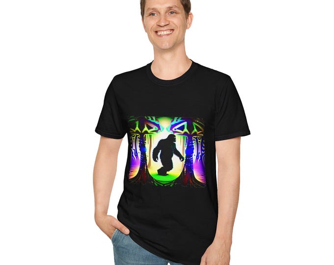 Fungi Bigfoot Softstyle Tee, Fractal Forest Shirt, Space Time Travel Tshirt, Unisex T-Shirt, Nature Lover Gift
