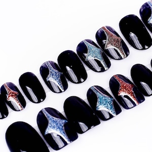 Handmade nails , Star Cross Glitter press on nail , Medium round nail , 20 pieces set including size S to L