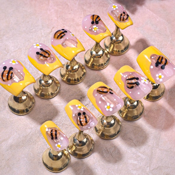 Handmade nails , Honey Bee Glitter Press on Nail , Short Coffin , 20 Piece Nail Set 62701