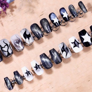 Handmade nails , Stellar Gothic Glitter Press on Nail , Medium Coffin , 20 Piece Nail Set 62802