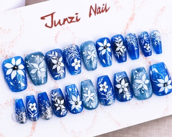 Handmade nails, Sapphire Snowflora Glitter Press on Nail, Medium Coffin, 20 Piece Nail Set 122402