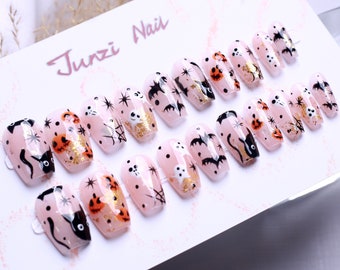 Handmade nails , Dancing pumpkin party glitter Press On Nail , Medium coffin Nail , 20 pieces nail shape 092703