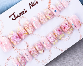 Handmade nail, Sakura Petal Prismatics Press on nails, Medium Round, 20 pieces set 24030202