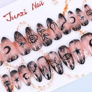 Handmade press on nail, Celestial Smoke press on nail, Medium Almond, 20 pieces set 24090801