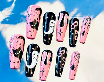 Handmade press on nail , Spooky Halloween Black Pink Ghost Cat press on nail , Extra long Coffin , 20 pieces set 080704 090901