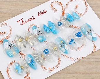 Hand Painted Blue Swan Press On Nails, 3D Floral Winter Nail Set, Silver Gold Foil, Luxury Reusable False Nails