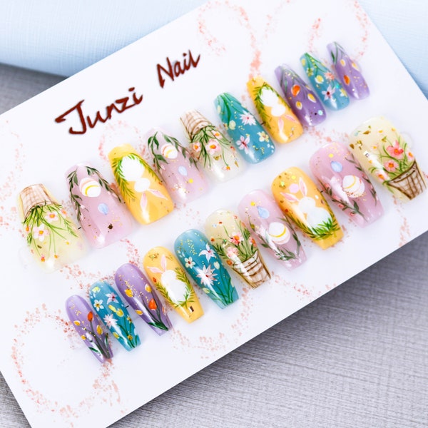 Handmade nails, Easter Bunny Spring Blossom Press On Nail, Long Coffin nail, 20 pieces nail shape 24022602