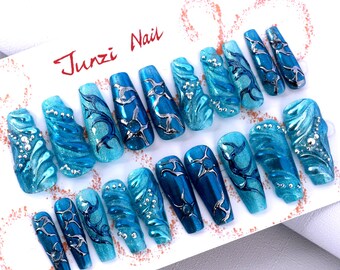 Handmade press on nail, Ocean Pulse 3D Metallic Blue press on nail, Extra Long Coffin, 20 pieces set