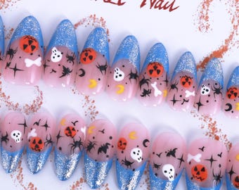 Handmade Halloween Press On Nails: Spooky Sparkle Night, Medium Almond, 20 Piece Set