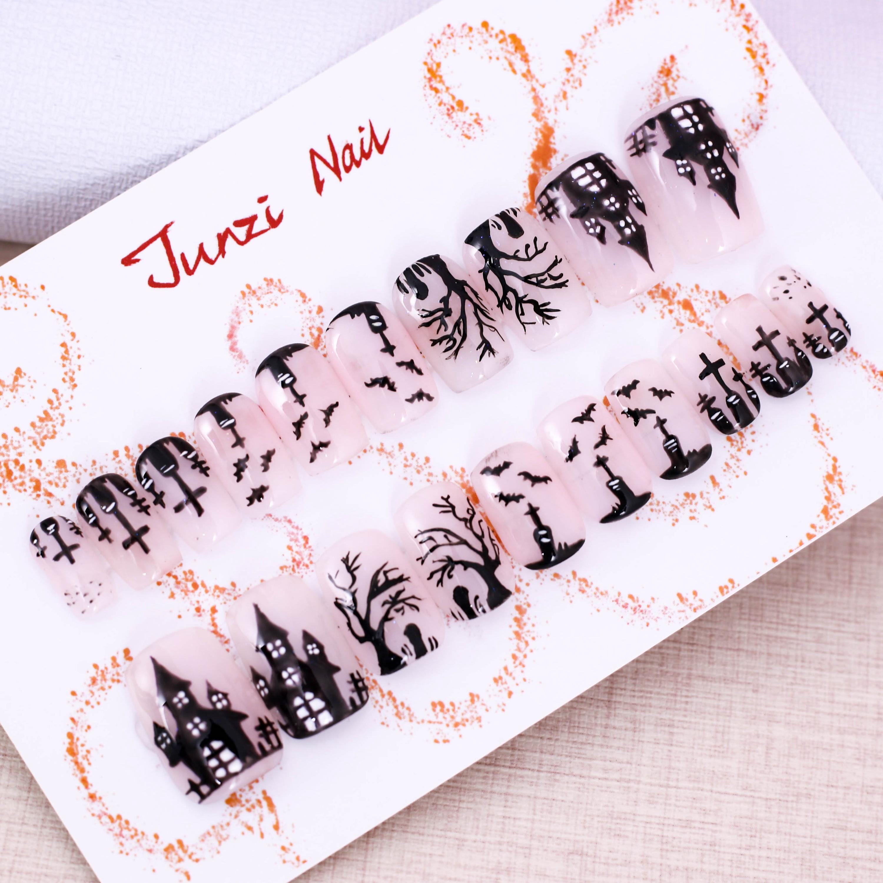 Handmade nail, Haunted Night Elegance Press on nails, Medium Square, 20 pieces set 24080501