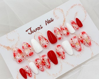 Uñas reutilizables a presión, uñas a presión con copos de nieve rojos brillantes, uñas de almendra mediana, juego de 20 piezas 091403