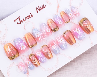 Handmade Shimmering Golden Flower Press On Nails: Medium Coffin, 20 Piece Set