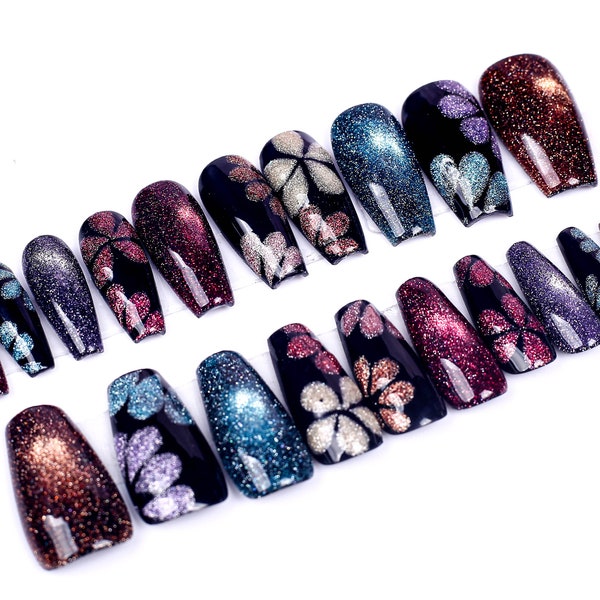 Handmade nails , Midnight Flower Glitter Cateye press on nail , Long coffin nail , 20 pieces set including size S to L 060201