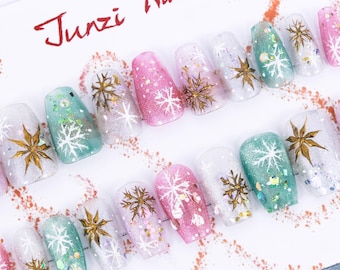 Uñas postizas reutilizables con brillo de copo de nieve pastel, uñas postizas de ataúd mediano, juego de 20 piezas