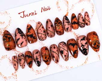 Handmade press on nail, Midnight Pumpkin Glam press on nail, Medium Almond, 20 pieces set