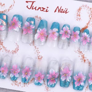 Handgefertigte Presse auf Nägel, Ocean Bloom - Pinke 3D-Blumenpresse auf Nägeln, Long Coffin, 20-teiliges Nagelset