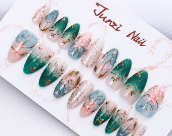 Reusable Press On Nail, Aquatic Blossoms Glitter Handmade Press on Nail, Medium Almond, 20 Pieces Set