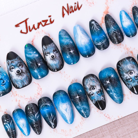 Handmade Mystic Wolf Galaxy Press on Nails - Medium Almond, 20