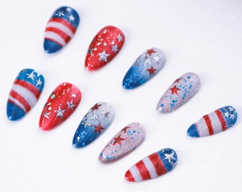 Reusable Press On Nail, Star-Spangled Celebration Press On Nails, Medium Almond Nail , 20 Pieces set 24031003