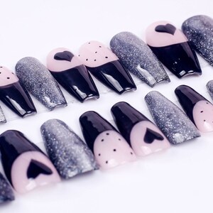 Handmade nails , Black pink Cowboy y2k Glitter Cateye press on nail , Long Coffin nail , 20 pieces set including size S to L 060804