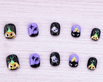 Reusable Press On Nail , Spooky Cute Handmade Press on Nail ,  Short Square, 20 Pieces Multi-Style Set