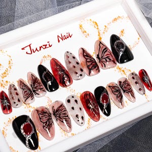 Handmade press on nail, Gothic Butterfly Elegance press on nail , Medium Almond, 20 pieces set 240930