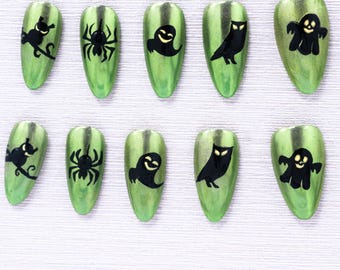 Handmade nail, Wicked Glow Press on nails, Medium Almond, 20 pieces set