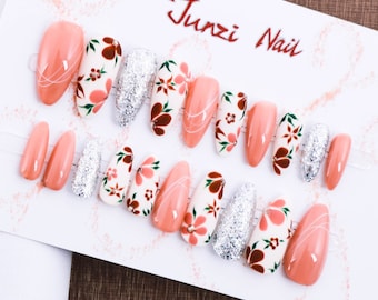 Coral Blossom Press On Nails: Medium Almond, Sparkle Accent (20 Piece Set)