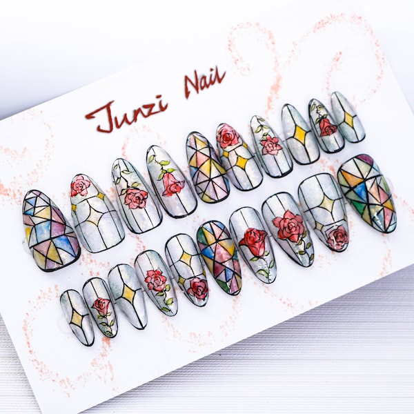 Cathedral Rose Press On Nails: Handmade Medium Almond, 20 Piece Set