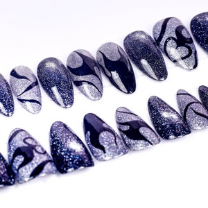 Handmade nails , Silver Celestial Glitter Cateye press on nail , Medium Stiletto nail , 20 pieces set including size S to L 060505