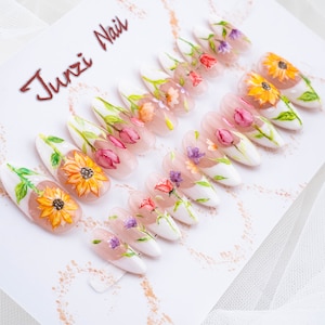Reusable Press On Nail, Sunflower spring Handmade Press on Nail, Medium Almond, 20 Pieces Set 081502