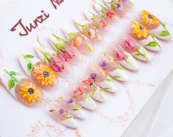 Reusable Press On Nail, Sunflower spring Handmade Press on Nail, Medium Almond, 20 Pieces Set 081502