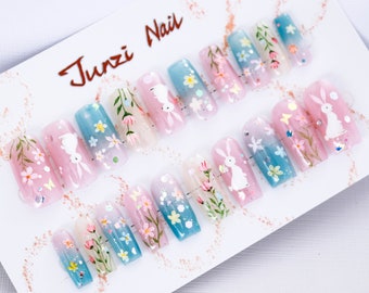 Handmade nails , Easter Bunny Blossom Press On Nail , Long square nail, 20 pieces nail shape 24020501