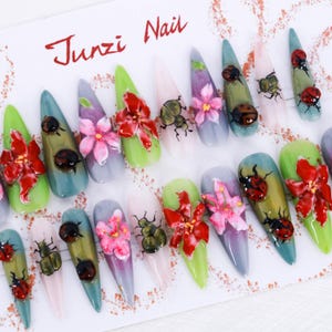 Handmade nails, Bloom and Bug Delight Press On Nail, Long Stiletto Nail, 20 pieces nail