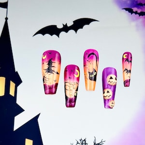 Handmade press on nail , Purple Witch Pumpkin glitter press on nail, extra long Coffin , 20 pieces set 091302