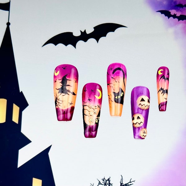 Handmade press on nail , Purple Witch Pumpkin glitter press on nail, extra long Coffin , 20 pieces set 091302