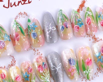 Wildflower Press On Nails: Handmade Almond Medium 20 Piece Set