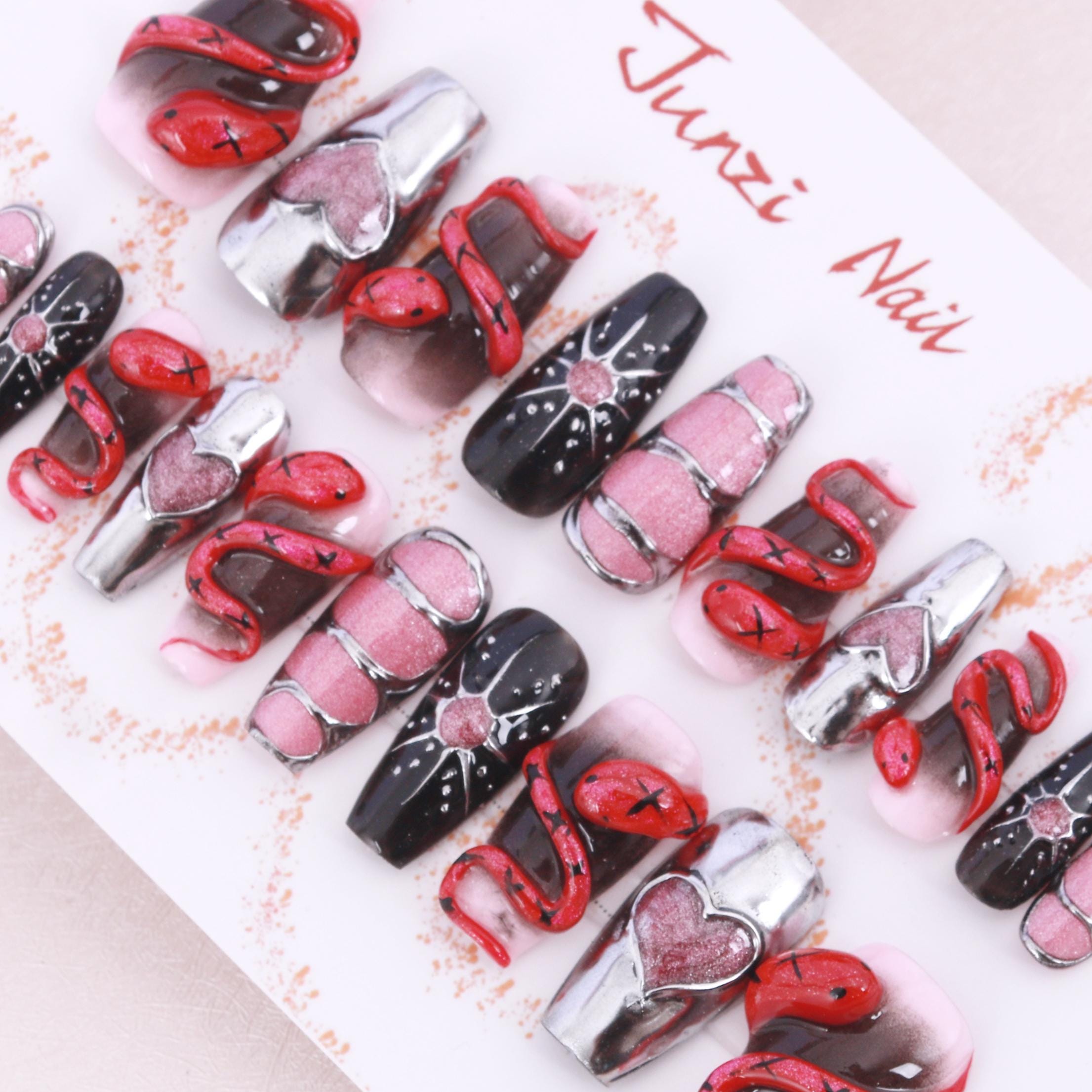 Handmade Nails, Venomous Love Press on Nail, Long Coffin , 20