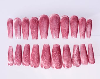 Handmade Nail , Raspberry Glitz Crystal Handmade Press on Nail ,  Shiny Glitter Gel Acrylic Coffin nails , 20 Pieces Multi-Style Set 051303