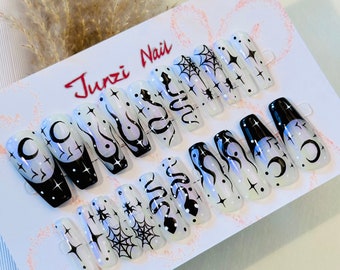 Handmade Press on Nail, chrome black starlight flame Press on Nail, Extra Long Coffin press on nails, 20 Pieces set 081402