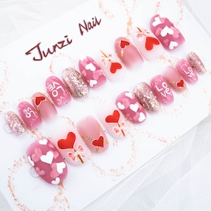 Handmade Heart Glitter Press On Nails: Frosted Matte Medium Round - 20 Piece Set