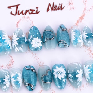 Handmade nails, Frozen Lotus Glitter Press on Nail, Short Almond, 20 Piece Nail Set