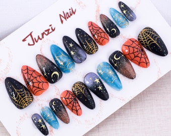 Reusable Press On Nail, Enchanted Night Web Press On Nail , Medium Almond, 20 Pieces set 24061801