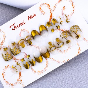Handmade press on nail, Golden Halloween Glam press on nail, Medium Round, 20 pieces set 24081902