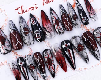 Handmade press on nail, Blood & Chrome – Venom Rose press on nail, Long Stiletto Shape, 20 pieces set