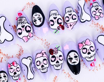 Handmade nail, Sugar Skull Kawaii Press on nails , Medium Almond,  20 pieces set