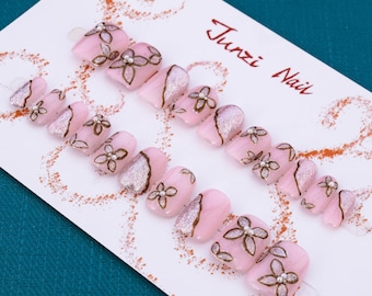 Blush Bloom Press On Nails: Short Round, Floral Nail Art, 20 Piece Set