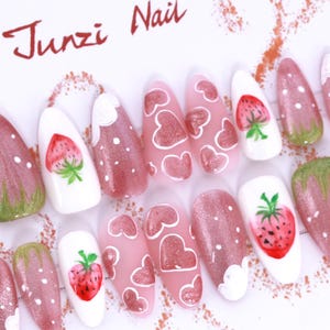 Handmade press on nail, Sweet Strawberry Heart press on nail, Medium Almond, 20 pieces set