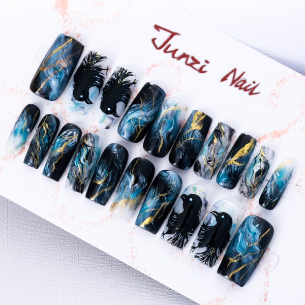 Reusable Handmade nails, Raven Nebula Escape press on nail, Long Square, 20 pieces set 24031103